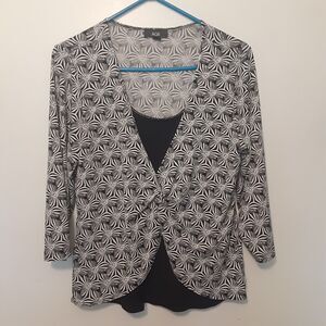 Vintage 90s Y2K Black White Floral Top Sz L Boho Grunge Made USA